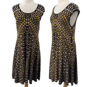 Nic + Zoe Fit & Flare Midi Sweater Dress Intarsia Knit Geometric Black Yellow XL